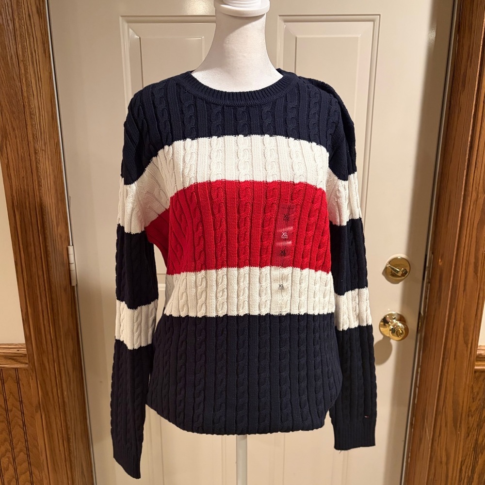 Tommy Hilfiger Navy Red White Cable Knit Sweater Colorblock Crewneck XL NWT